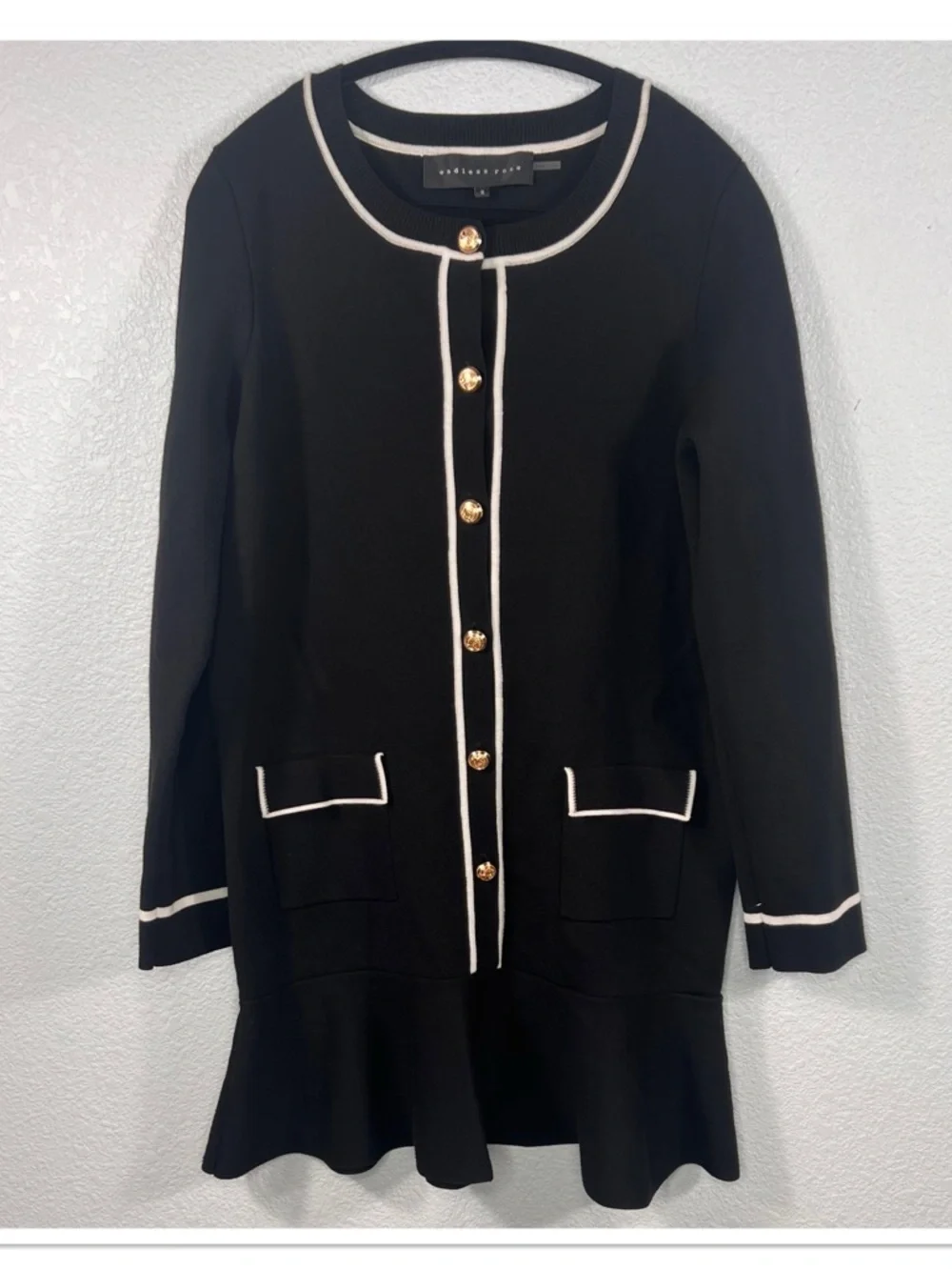 Endless Rose Black Long Sleeve Button Up Knit Dress w/White Trim Sz S
